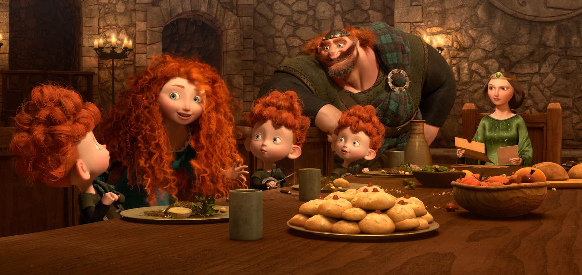 “BRAVE” (L-R) MERIDA amongst the triplets: HARRIS, HUBERT and HAMISH; KING FERGUS and QUEEN ELINOR. ©2012 Disney/Pixar. All Rights Reserved.